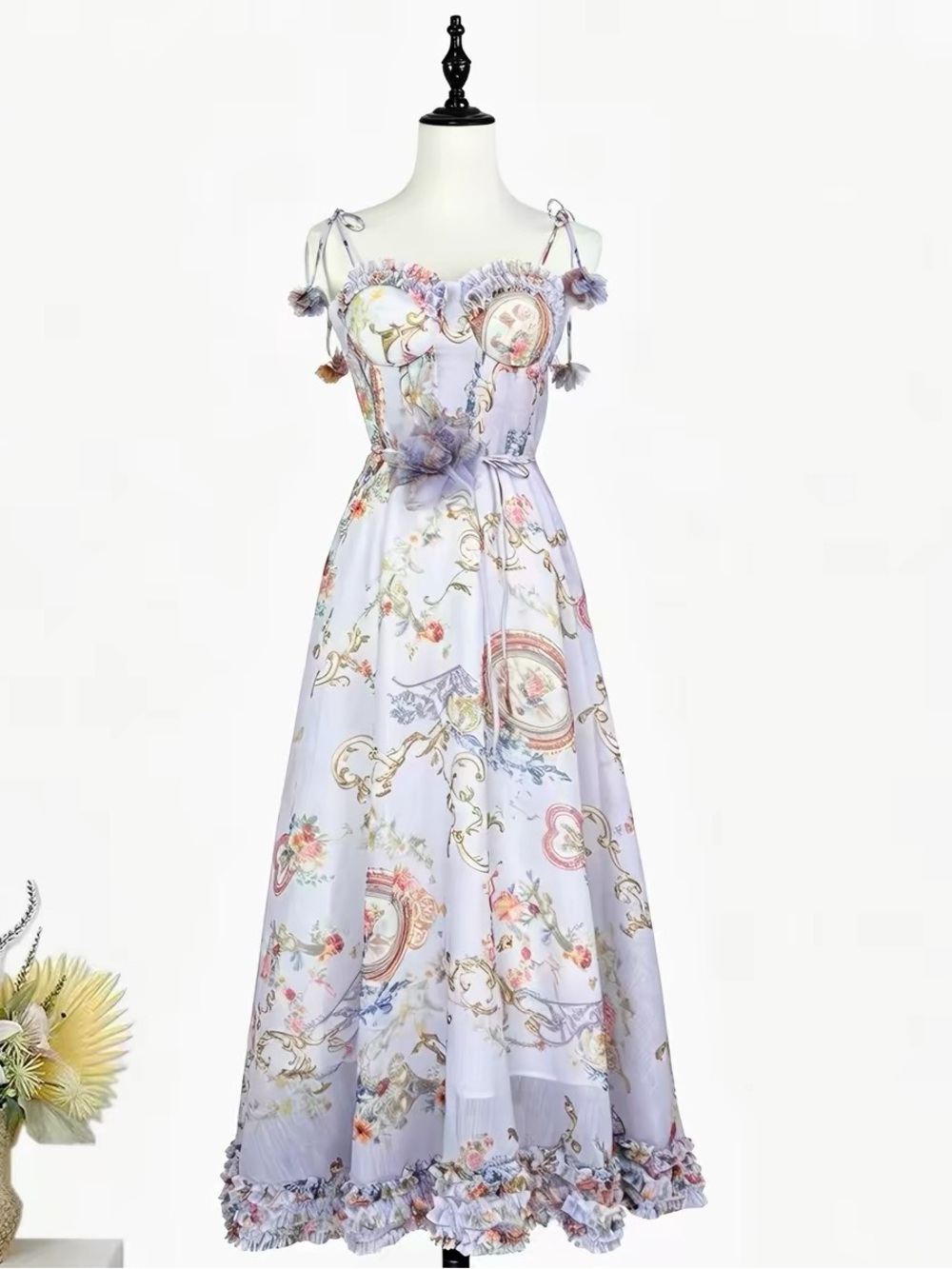 Designer-styek Floral Lavender Tie-Strap Maxi Dress